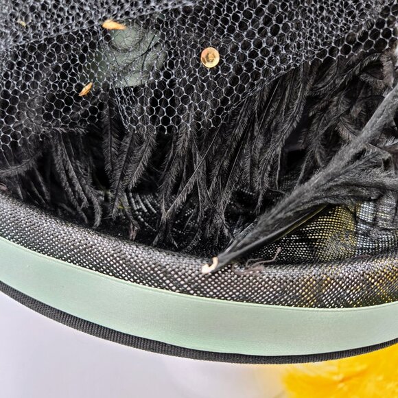 Vintage Hat With Feathers And Flowers Black Yellow Costume Halloween Fancy Read - Picture 7 of 11